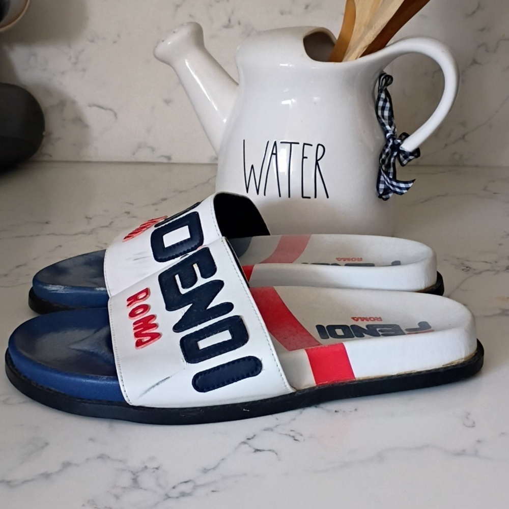 Fendi White Slides with Navy & Red Logo